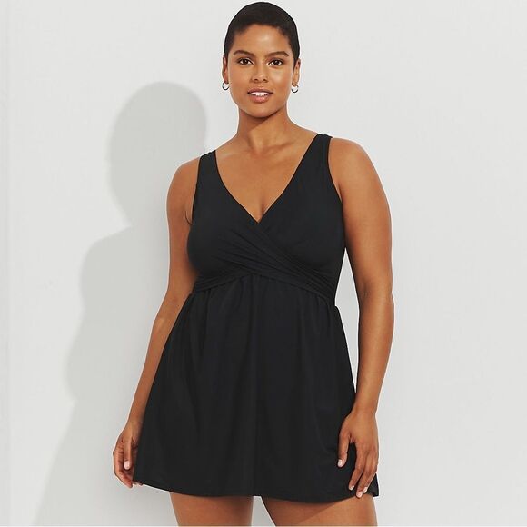 Land's End Plus Standard Slendersuit Wrap MiniDress One piece swimsuit Black Var - Picture 10 of 15